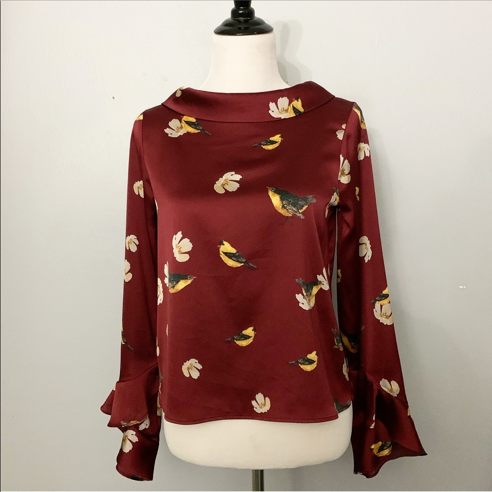 Zara | Floral Print Bell Sleeved Burgundy Blouse